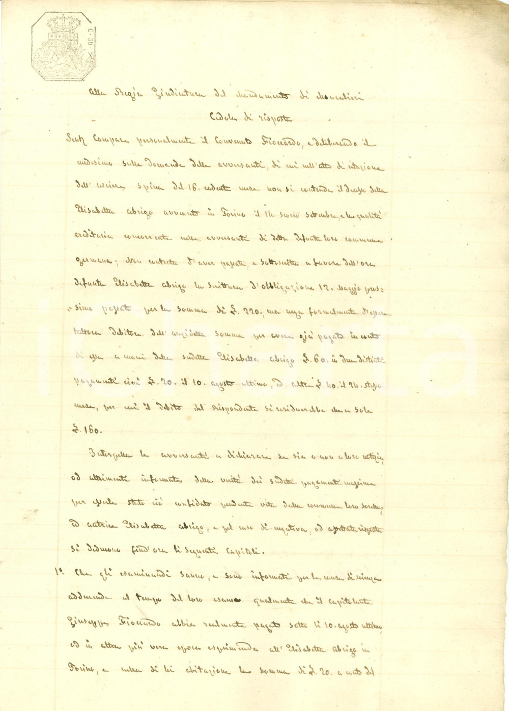 Documento originale, autentico 1861 MONCALIERI TO Elisabetta ABRIGO Ã¨ defunta e non puÃ² testimoniare 1