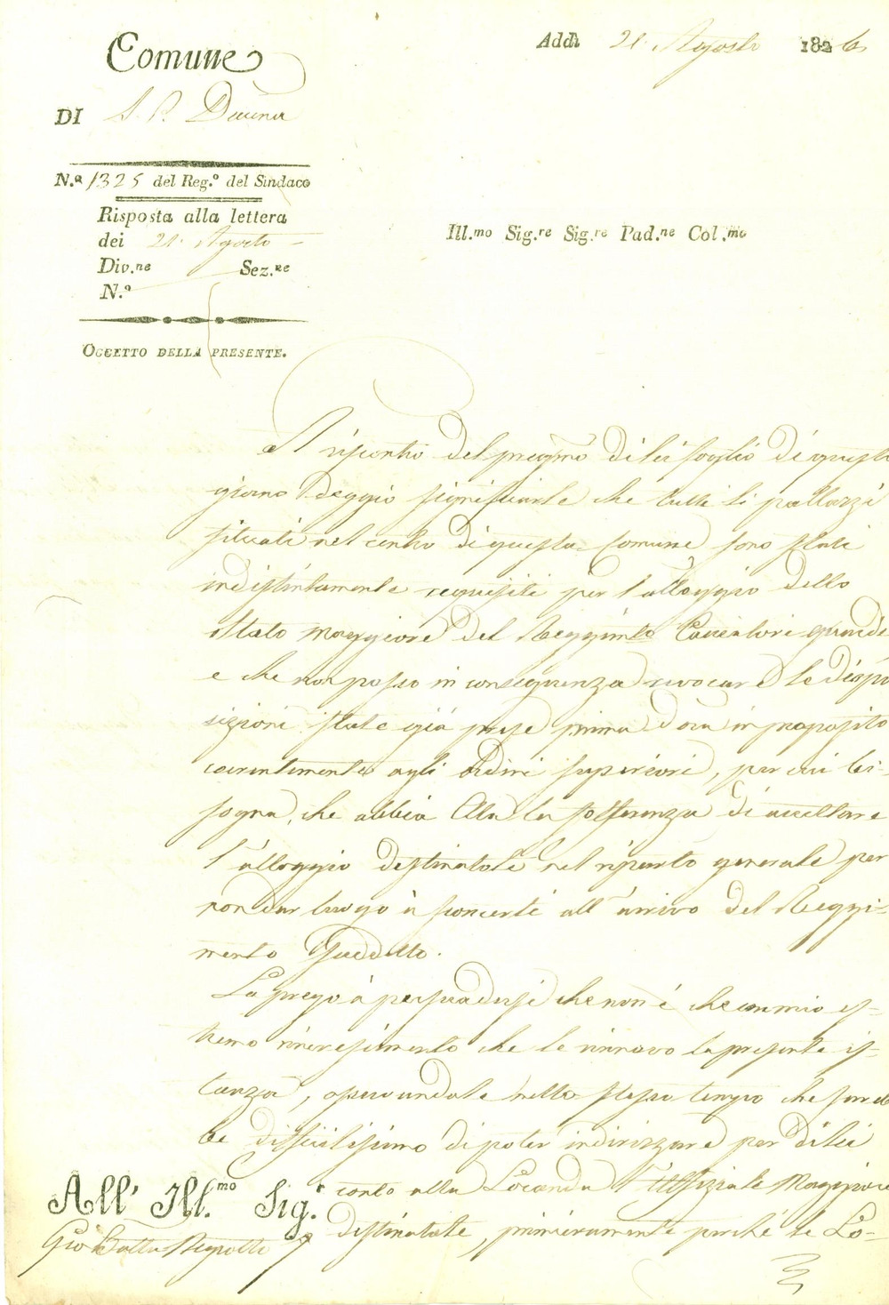 Documento originale, autentico 1826 GENOVA SAMPIERDARENA Stato Maggiore Reggimento Cacciatori sequestra palazzi 1