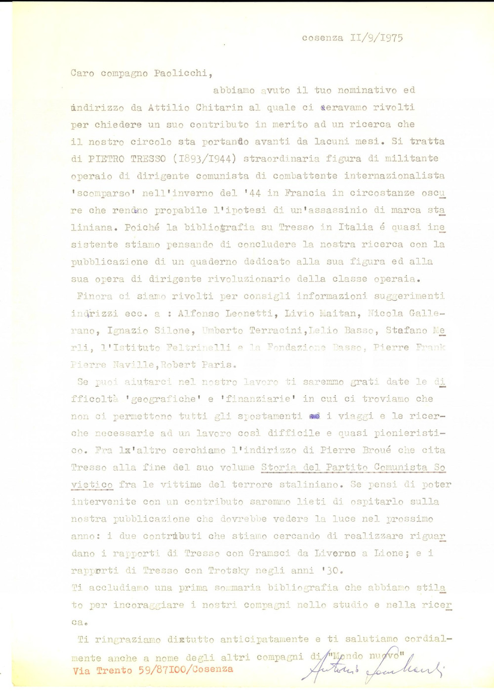 Autografo originale 1975 COSENZA MONDO NUOVO Antonio LOMBARDI chiede aiuto a Silvio PAOLICCHI 1
