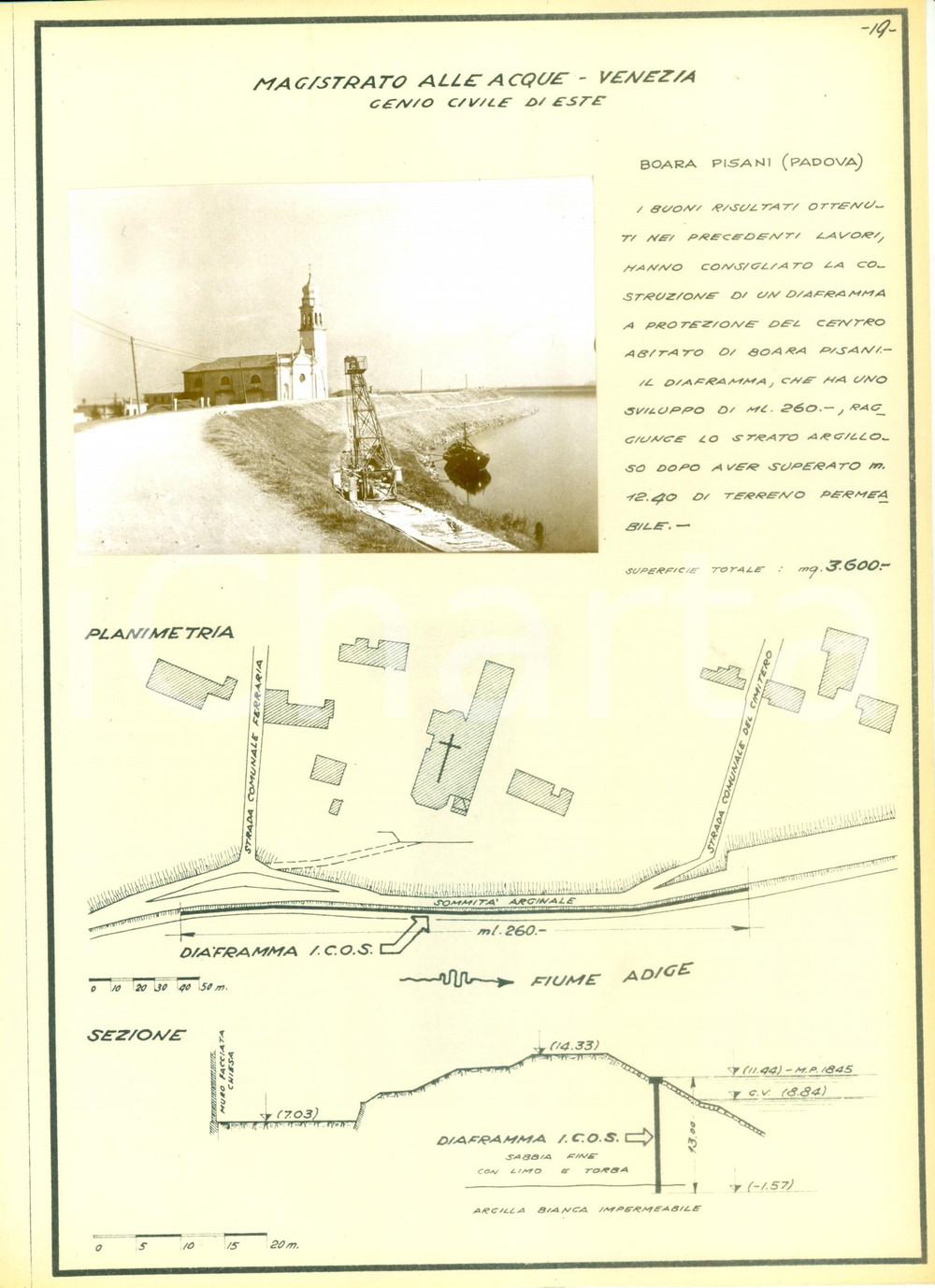 Documento originale, autentico 1950 ca BOARA PISANI PD Lavori protezione argini Azienda ICOS Scheda con foto 1