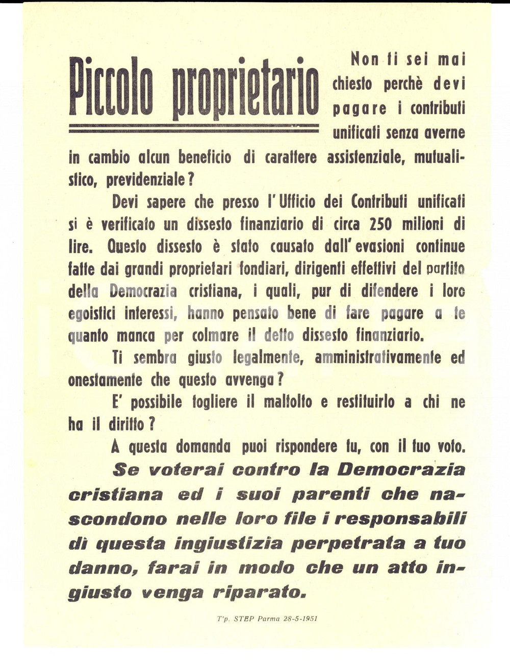 Materiale pubblicitario d’epoca 1951 PARMA Elezioni provinciali  Appello al piccolo proprietario contro la DC 1