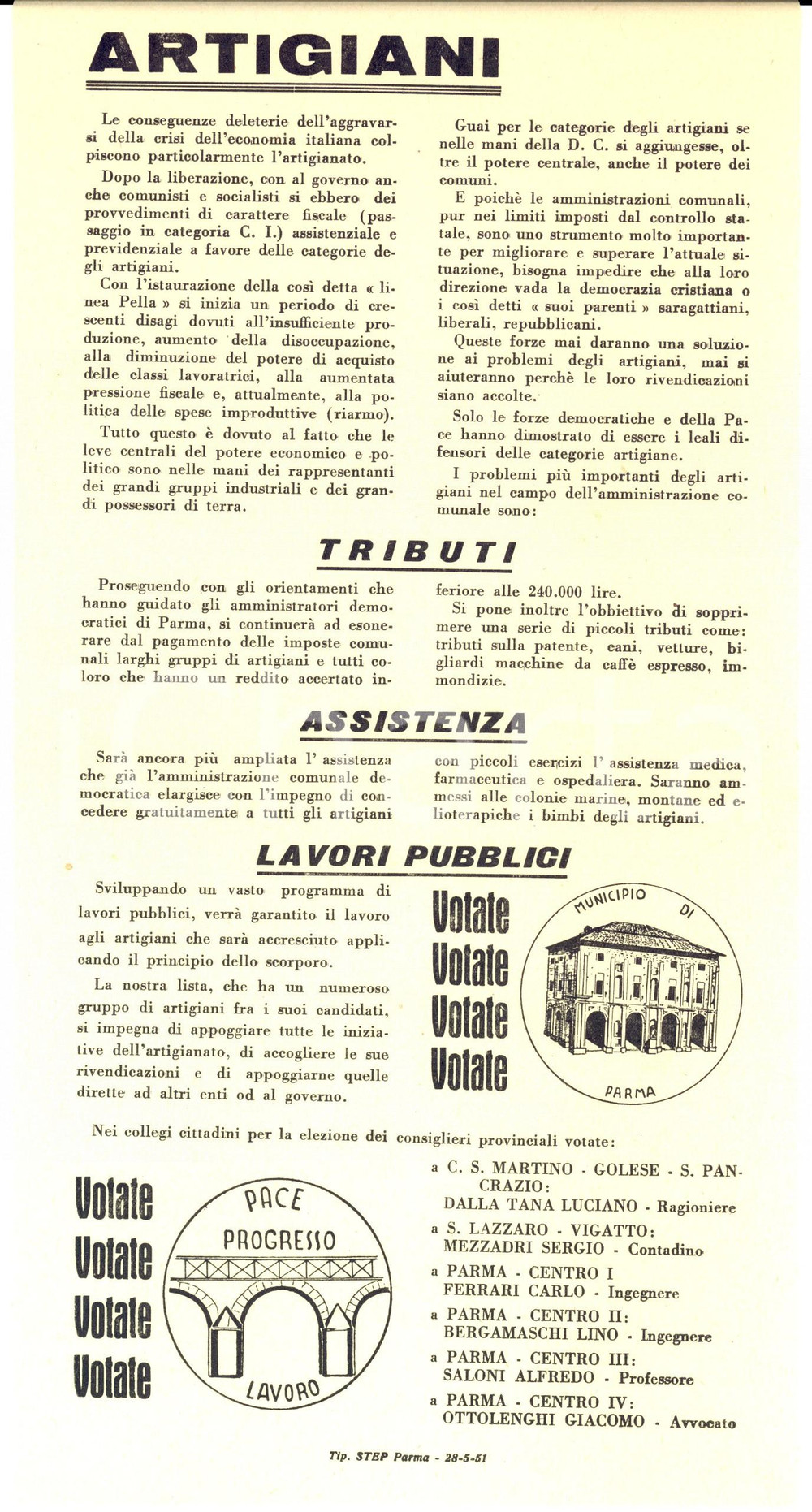 Materiale pubblicitario d’epoca 1951 PARMA Elezioni comunali  Lista CITTA  DI PARMA  Appello agli artigiani 1
