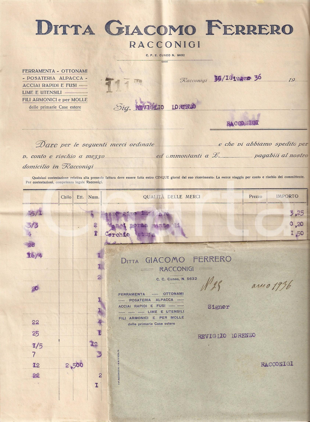 Documento originale, autentico 1936 RACCONIGI CN Giacomo FERRERO Ferramenta Fili armonici e molle FATTURA 1