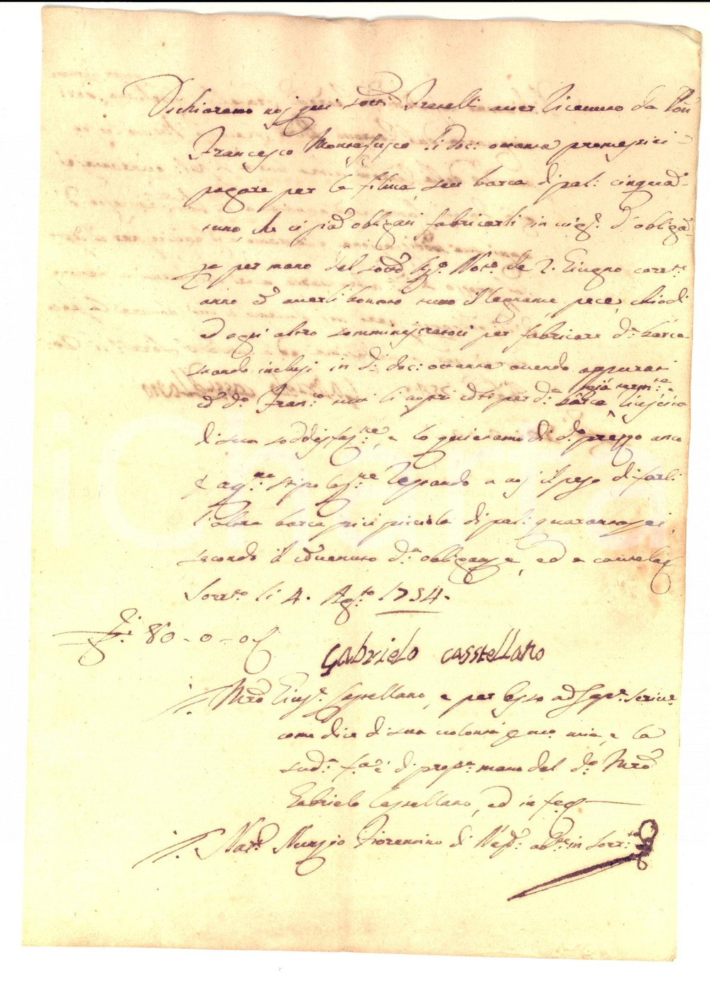 Documento originale, autentico 1754 SORRENTO NA Falegnami Gabriele e Giuseppe CASTELLANO costruiscono feluche 1