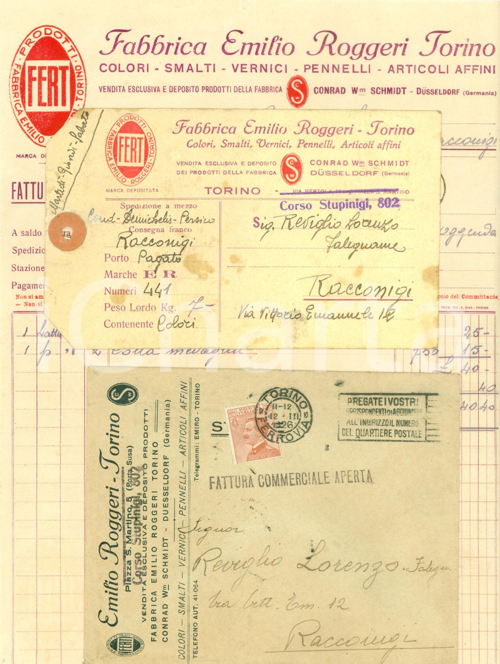 Documento originale, autentico 1926 TORINO Fabbrica Emilio ROGGERI colori smalti vernici Fattura ed etichetta 1