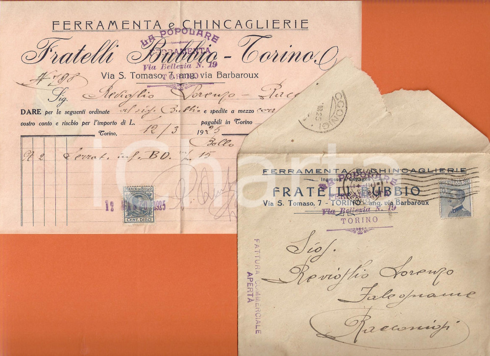 Documento originale, autentico 1925 TORINO Fratelli BUBBIO Ferramenta e chincaglierie Fattura commerciale 1