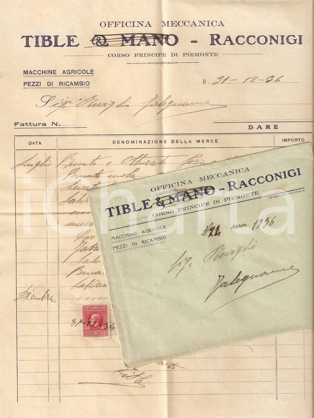 Documento originale, autentico 1936 RACCONIGI CN Officina meccanica TIBLE & MANO Macchine agricole Fattura 1