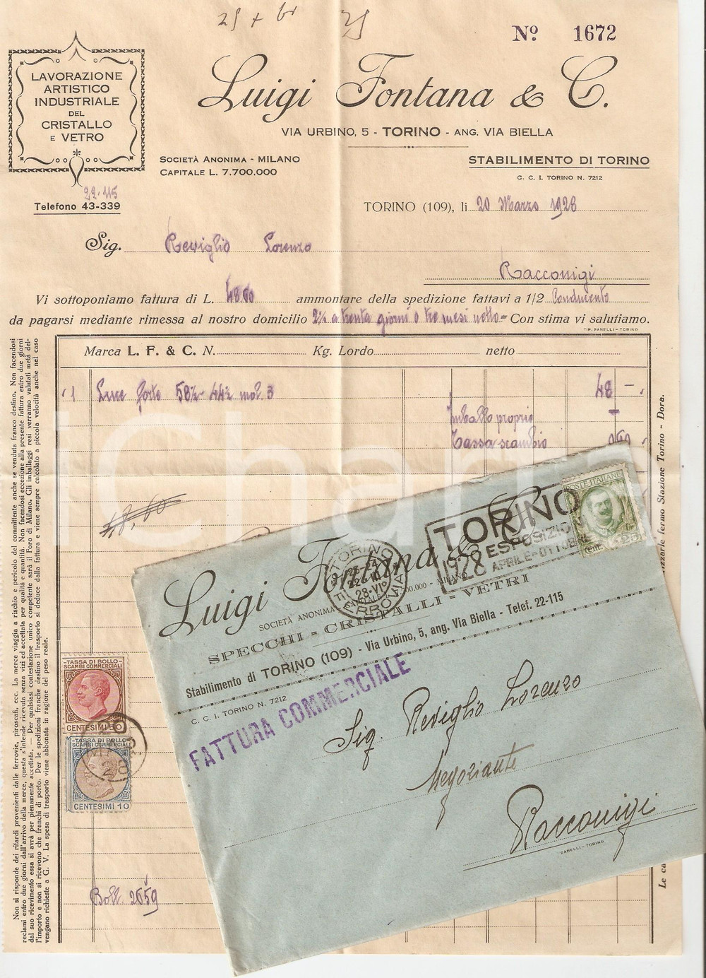 Documento originale, autentico 1928 TORINO Luigi FONTANA & C. Lavorazione artistica cristalli e vetri Fattura 1