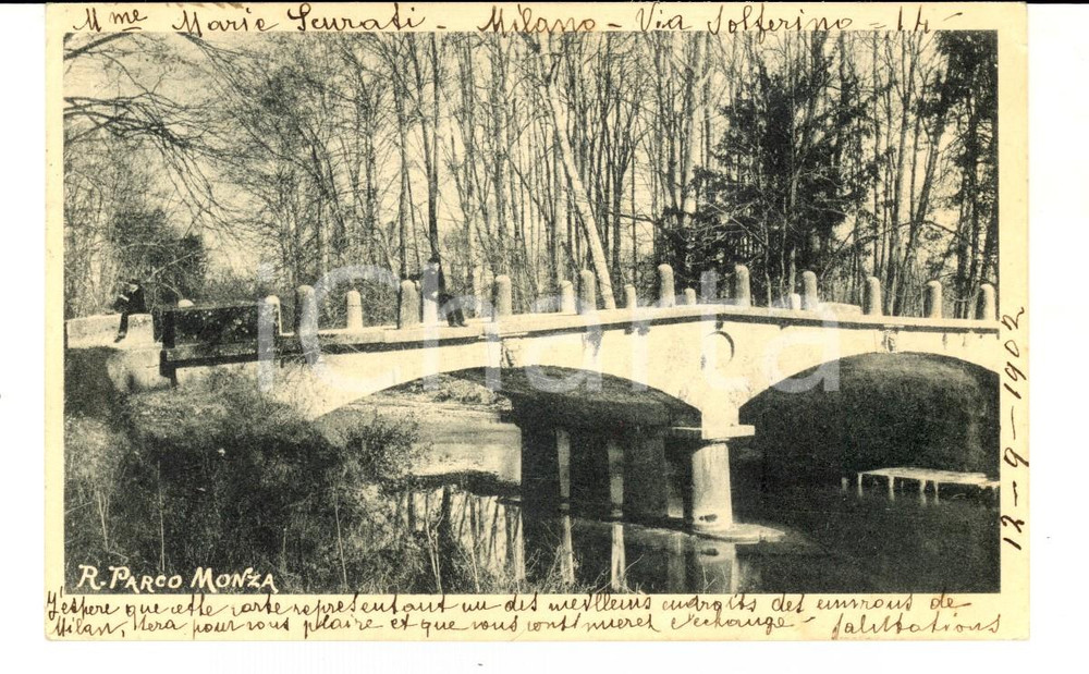 Cartolina originale da collezione 1902 MONZA Veduta del Regio Parco con ponticello Cartolina ANIMATA con bambino 1