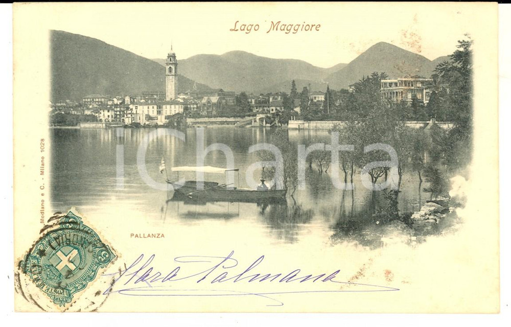 Cartolina originale da collezione 1900 ca VERBANIA PALLANZA Veduta del Lago Maggiore Cartolina ANIMATA barca FP 1