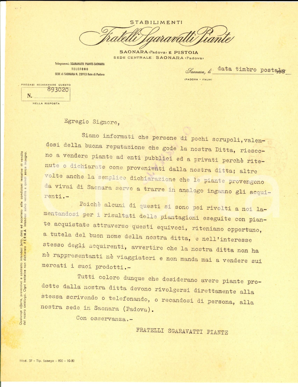 Materiale pubblicitario d’epoca 1951 SAONARA PD Fratelli SGARAVATTI contro venditori abusivi piante Lettera 1
