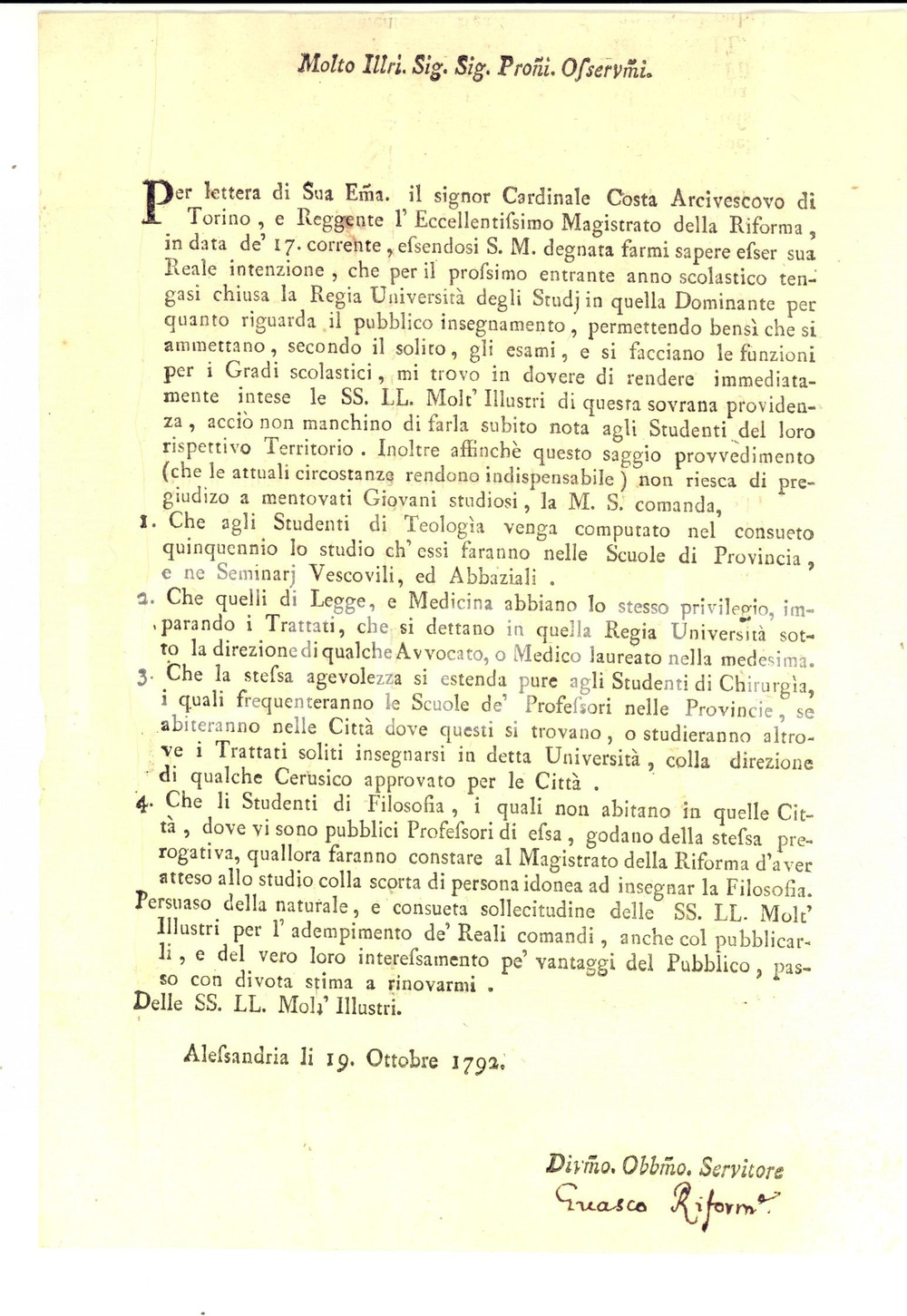 Documento originale, autentico 1792 ALESSANDRIA Chiusura Regia UniversitÃ  degli Studi Autografo Carlo GUASCO 1