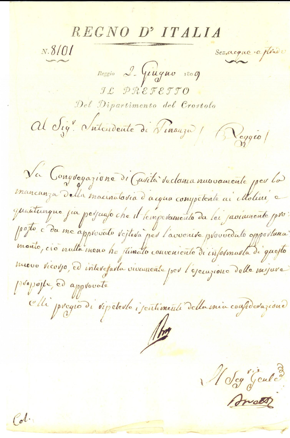 Documento originale, autentico 1809 Dipartimento del CROSTOLO REGGIO EMILIA Mancanza della macinatoria d acqua 1