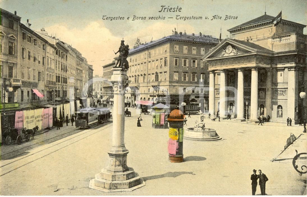 Cartolina originale da collezione 1910 ca TRIESTE Veduta di Palazzo TERGESTEO e della Borsa vecchia ANIMATA FP NV 1
