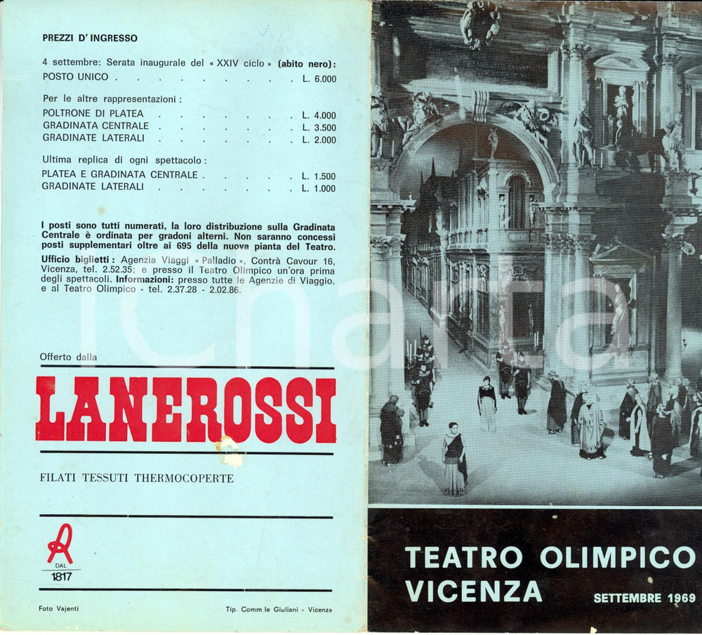 Materiale pubblicitario d’epoca 1969 VICENZA Teatro OLIMPICO XXIV ciclo spettacoli classici Programma LANEROSSI 1