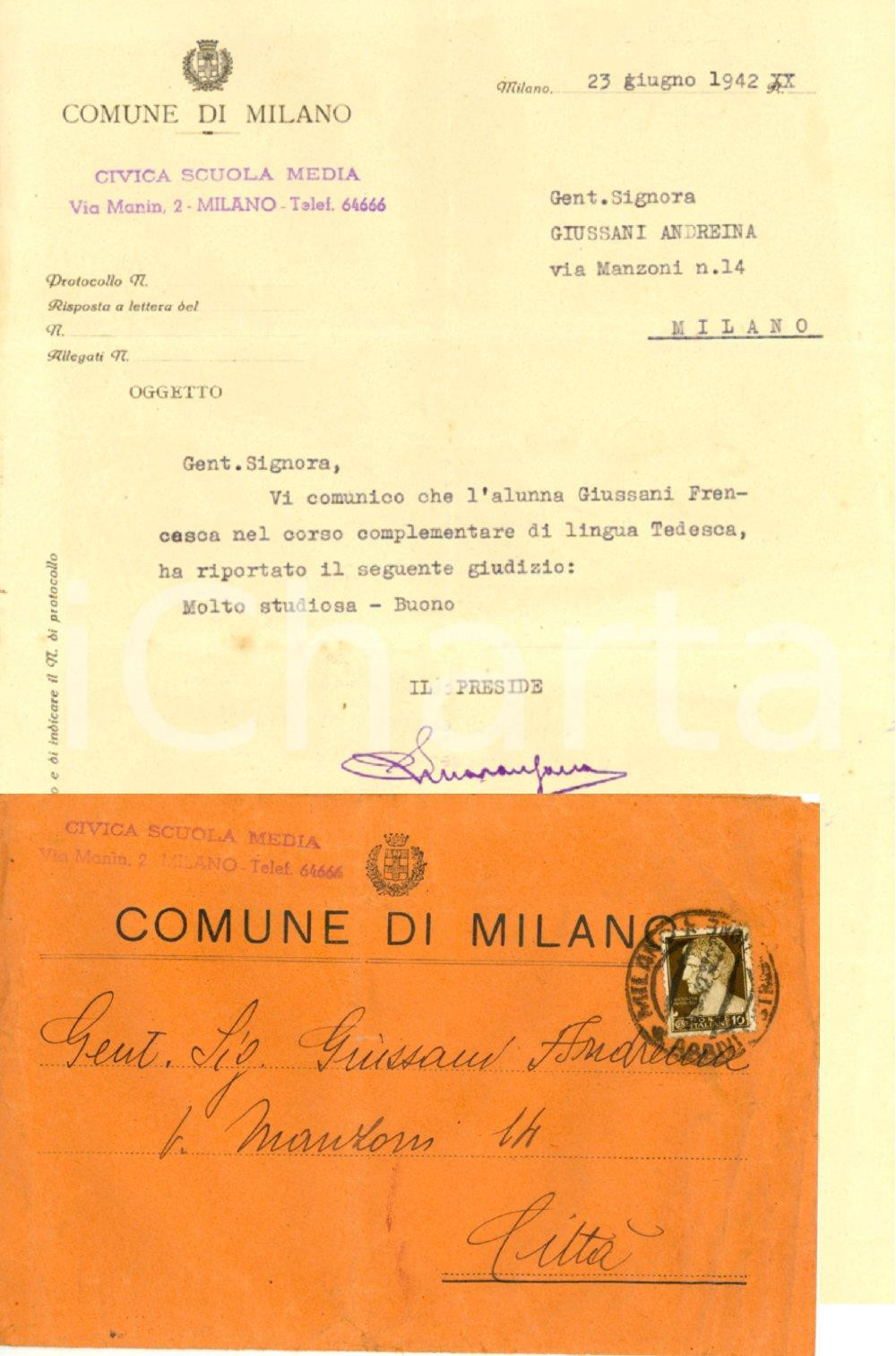 Manoscritto, lettera originale 1942 MILANO Scuola media via MANIN Comunicazione voto e busta INTESTATA Lotto 1