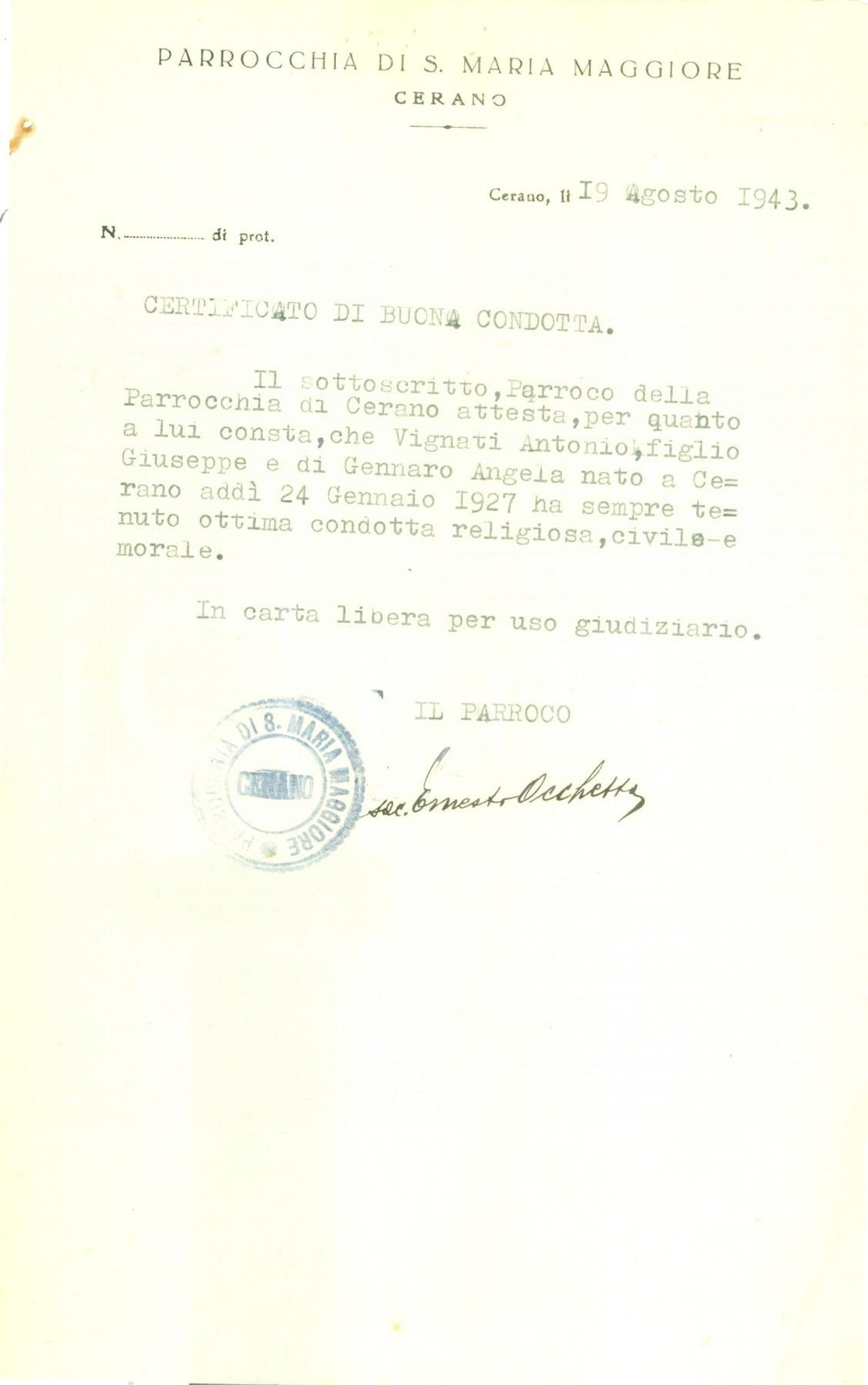 Documento originale, autentico 1943 CERANO Parroco Ernesto OCCHETTA garantisce per Antonio VIGNATI  Autografo 1