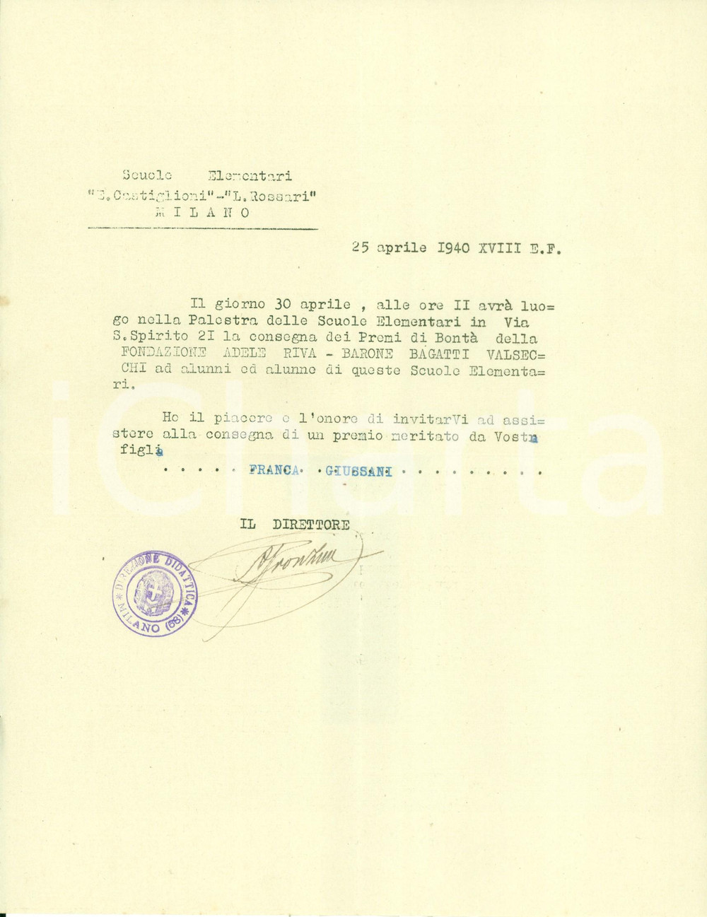 Documento originale, autentico 1940 MILANO Consegna Premi BontÃ  Fondazione Adele RIVA Barone BAGATTI VALSECCHI 1