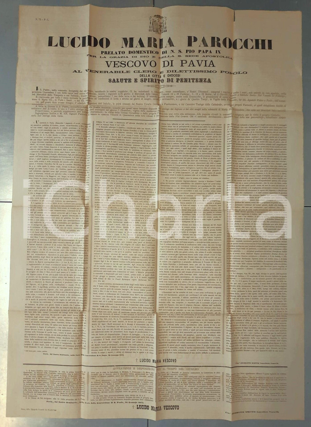 Documento originale, autentico 1875 PAVIA Mons. PAROCCHI  Regole per la Quaresima e Giubileo Manifesto 1