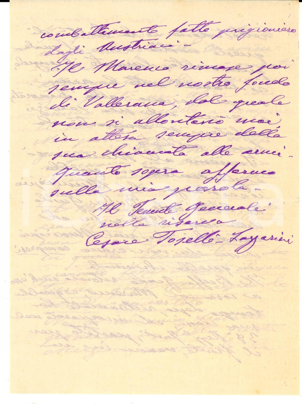 Manoscritto, lettera originale 1916 WW1 ACQUI TERME Cesare TOSELLI LAZZARINI sull onestÃ  del colono MARENCO 1