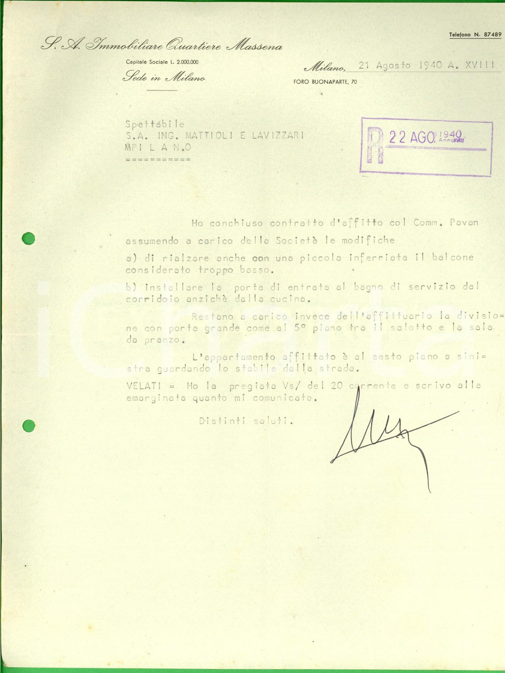 Documento originale, autentico 1940 MILANO A. A. Immobiliare QUARTIERE MASSENA Lettera su contratto d affitto 1