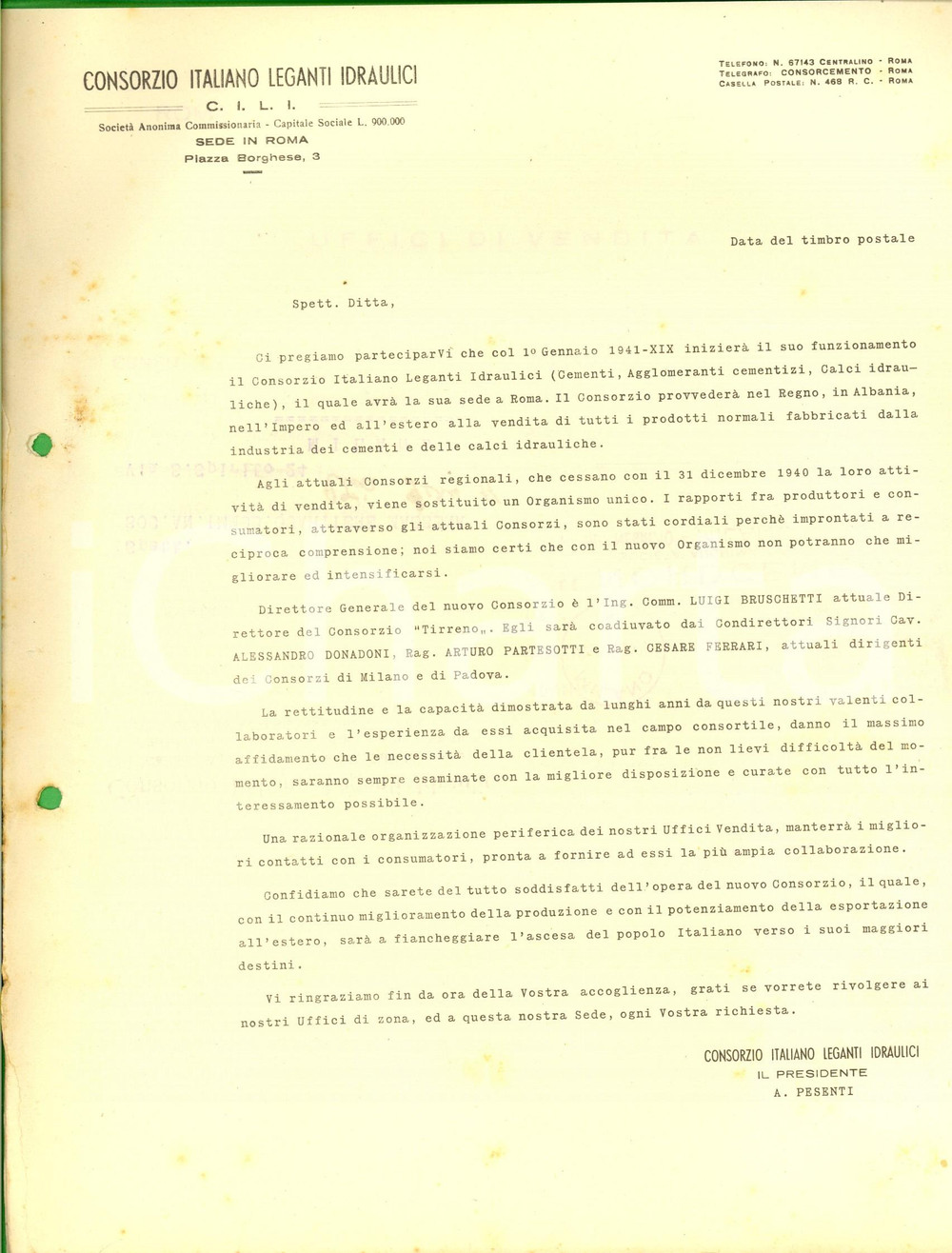 1941 ROMA Consorzio Italiano Leganti Idraulici - Lettera elenco uffici vendita  CONDIZIONI: FAIR    originale e autentica 1