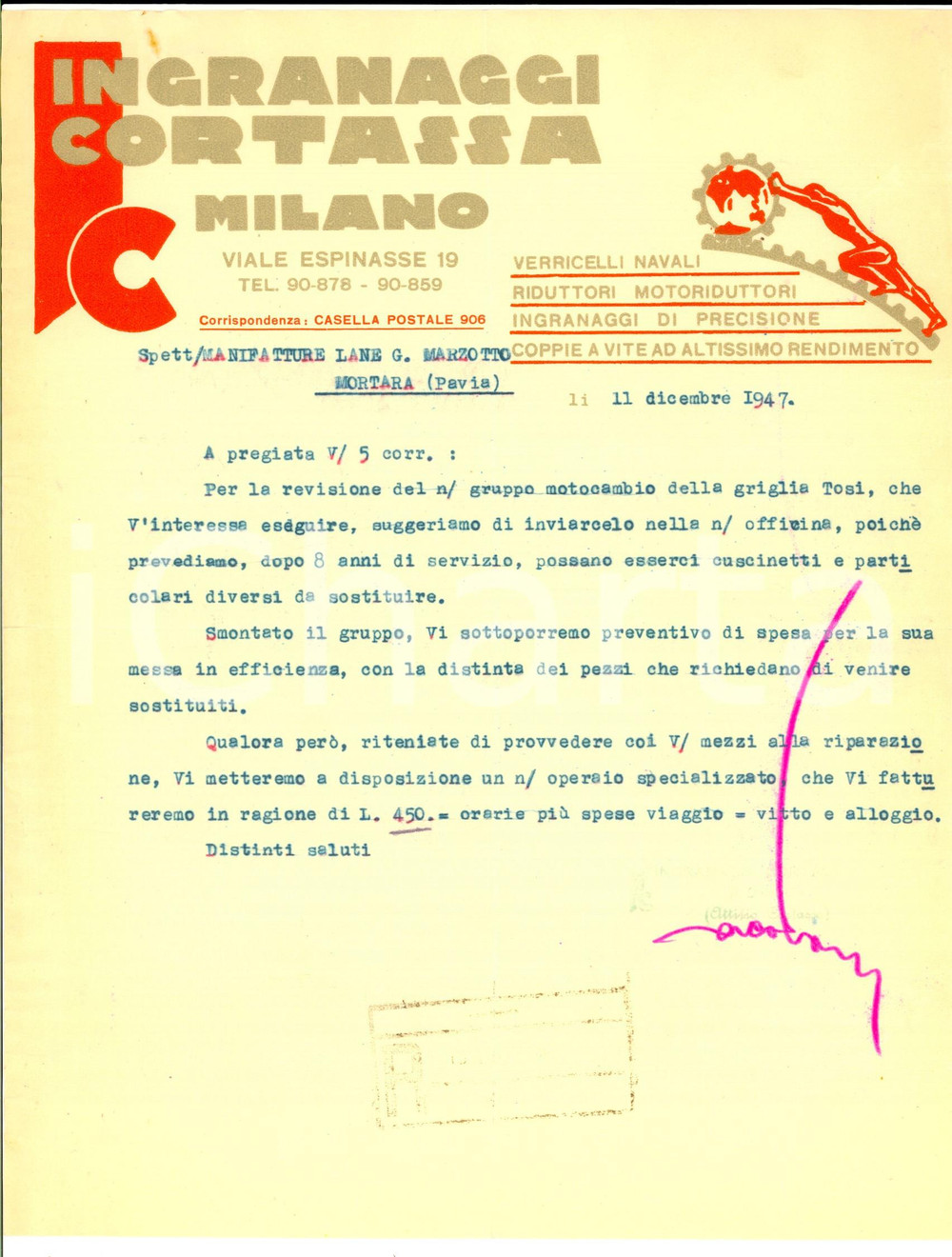Manoscritto, lettera originale 1947 MILANO Ditta Ingranaggi CORTASSA  Lettera per revisione motocambio 1