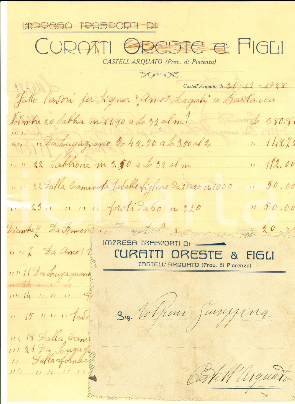 Documento originale, autentico 1928 CASTELL ARQUATO PC Impresa trasporti Oreste CURATTI & Figli Conto 1