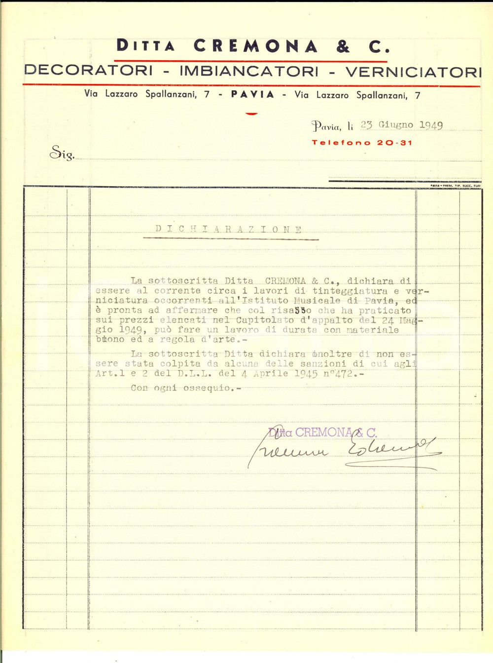 Documento originale, autentico 1949 PAVIA Ditta CREMONA & C.  Decoratori  imbiancatori Dichiarazione 1