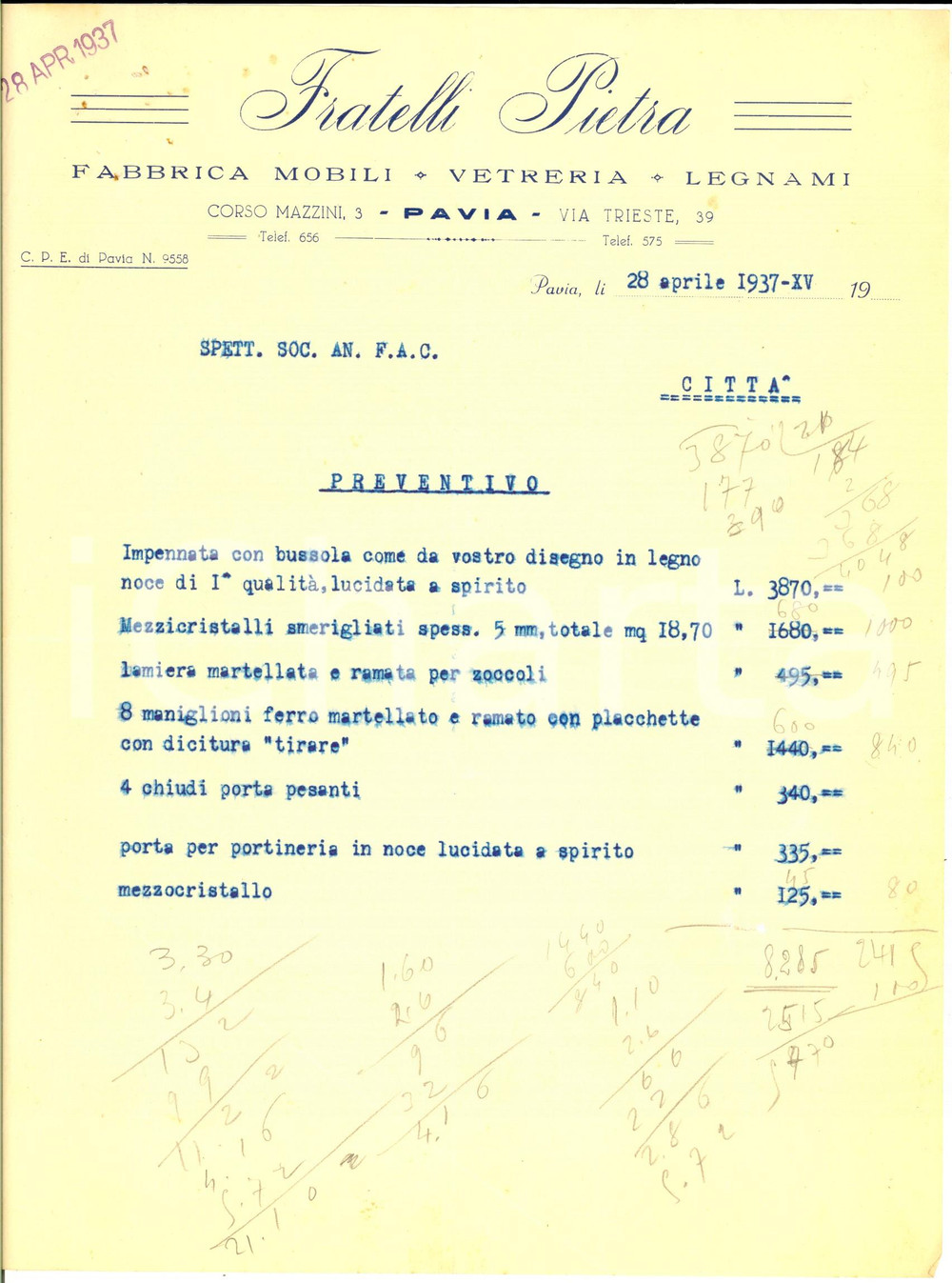Documento originale, autentico 1937 PAVIA Fabbrica mobili Fratelli PIETRA Preventivo su carta intestata 1