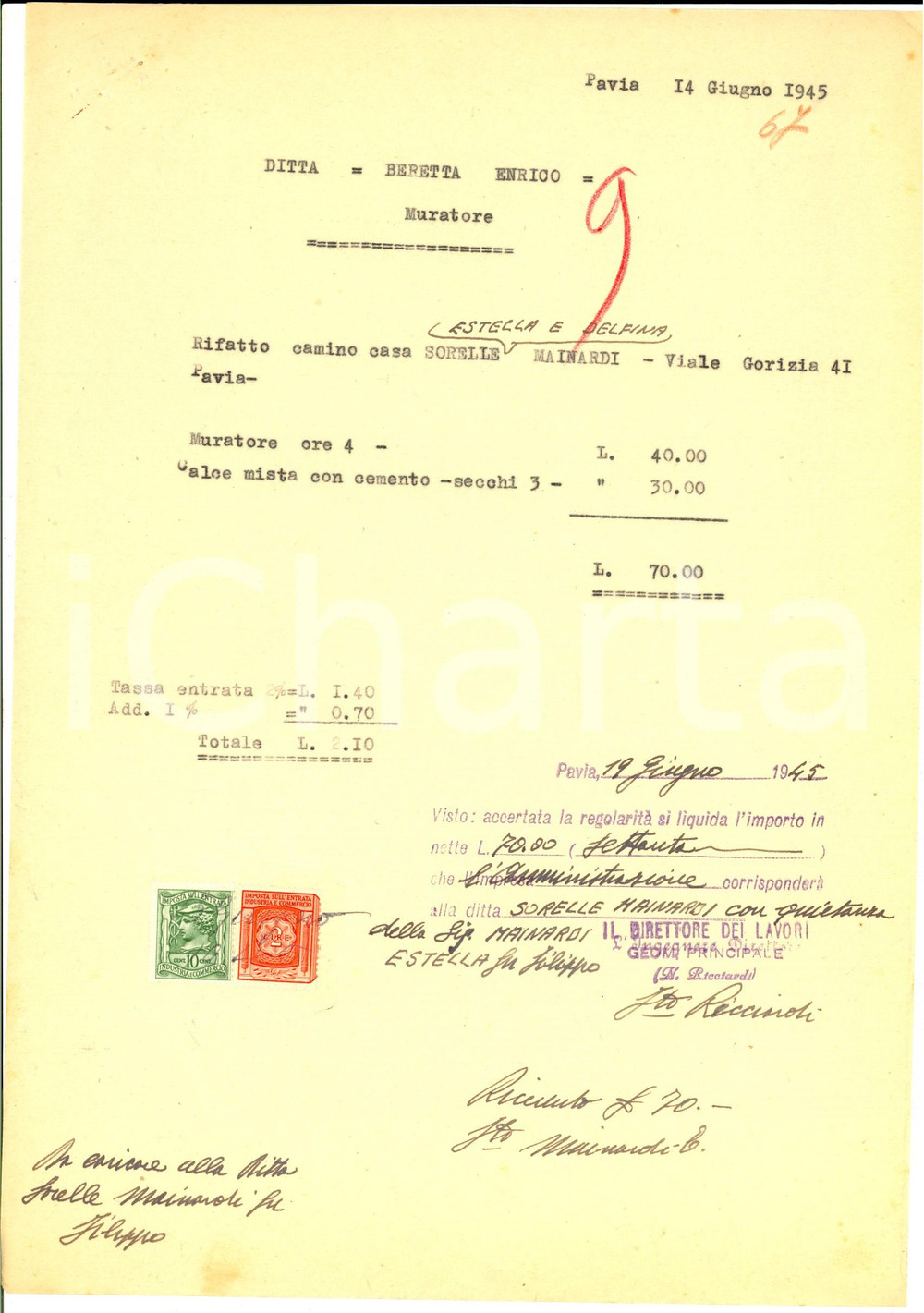 Documento originale, autentico 1945 PAVIA Muratore Enrico BERETTA  Fattua per rifacimento camino 1