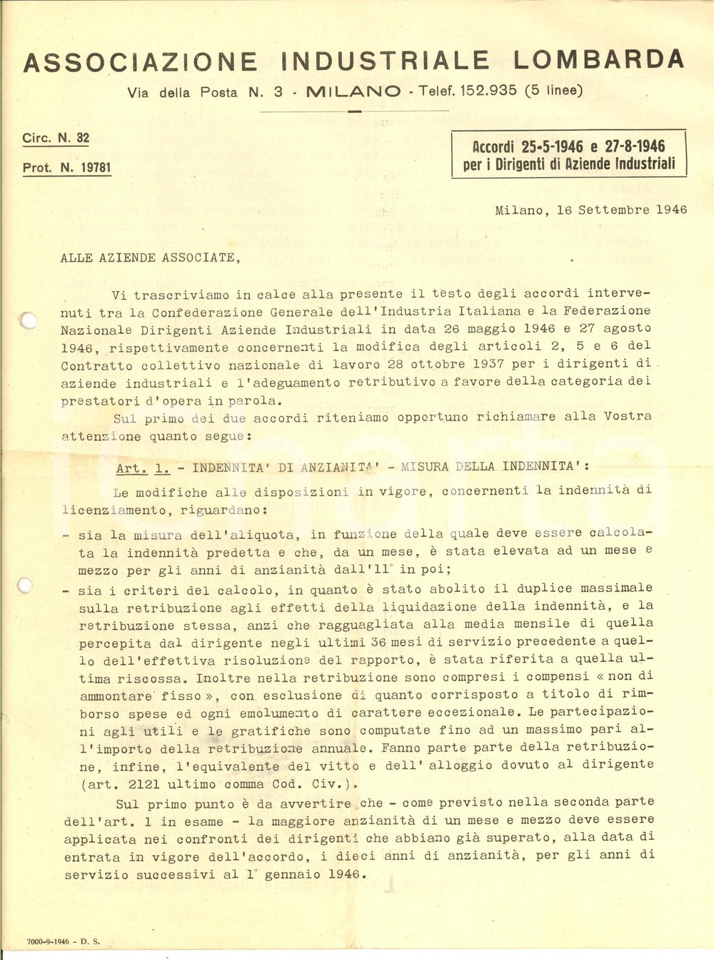 Documento originale, autentico 1946 MILANO Associazione Industriale Lombarda  Lettera contratto collettivo 1