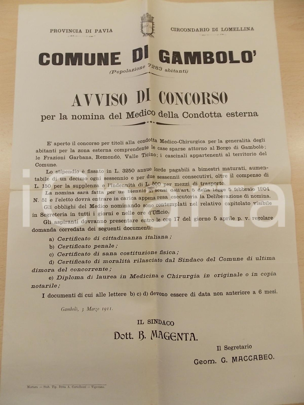 Documento originale, autentico 1911 GAMBOLÃ’ PV Concorso per medico condotto Manifesto 36 x 50 cm 1
