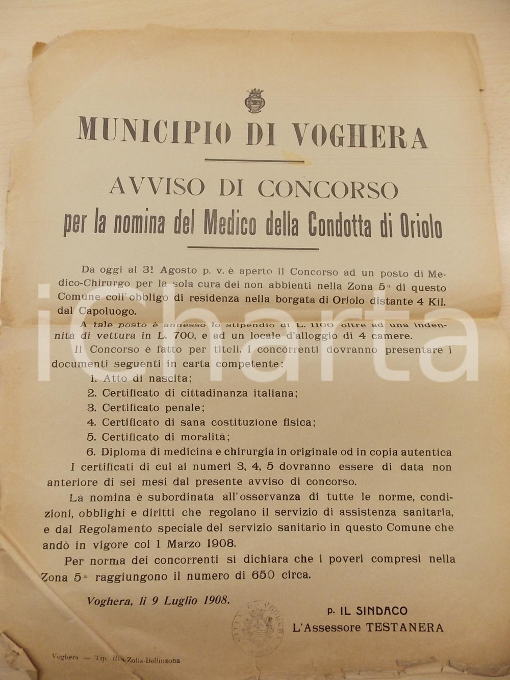 Documento originale, autentico 1908 VOGHERA Concorso medico condotta di ORIOLO Manifesto 32x44 DANNEGGIATO 1