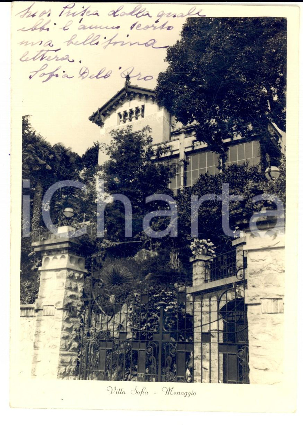 Cartolina originale da collezione 1952 MENAGGIO CO Veduta di VILLA SOFIA Cartolina Sofia DELL ORO FG VG 1