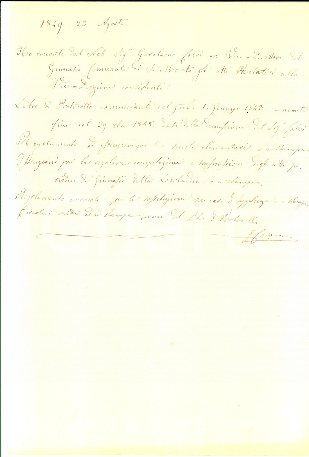Manoscritto, lettera originale 1849 MILANO SANTA MARTA Ricevuta Giuseppe CASANOVA carte da Gerolamo CALVI 1