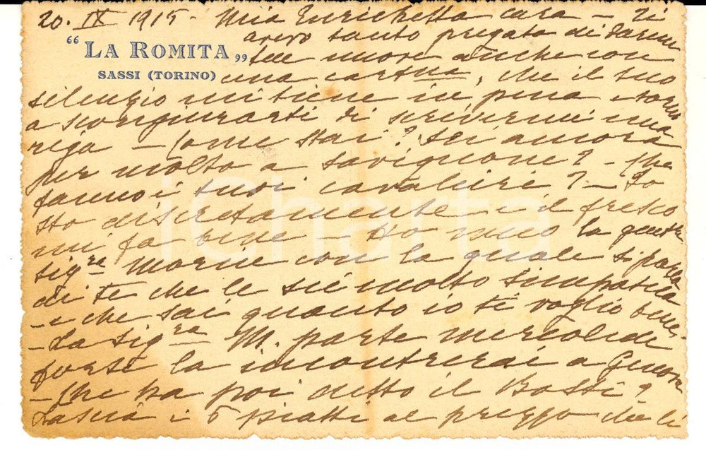 Cartolina originale da collezione 1915 TORINO SASSI Villa LA ROMITA Cartolina a Enrichetta D ASTA GARASSINO 1