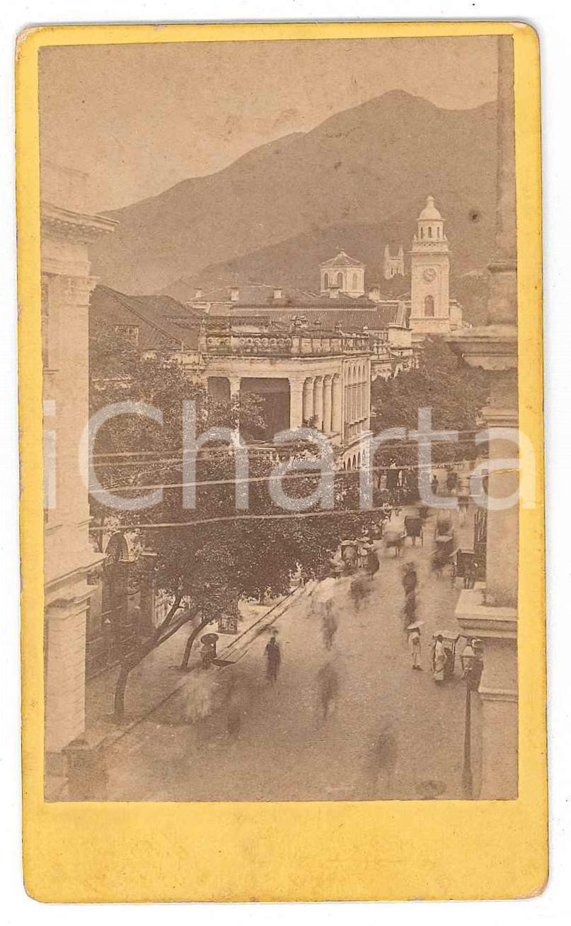 Fotografia d epoca originale 1890 ca HONG KONG CHINA View with the Clock Tower  Old albumen photo CDV 1