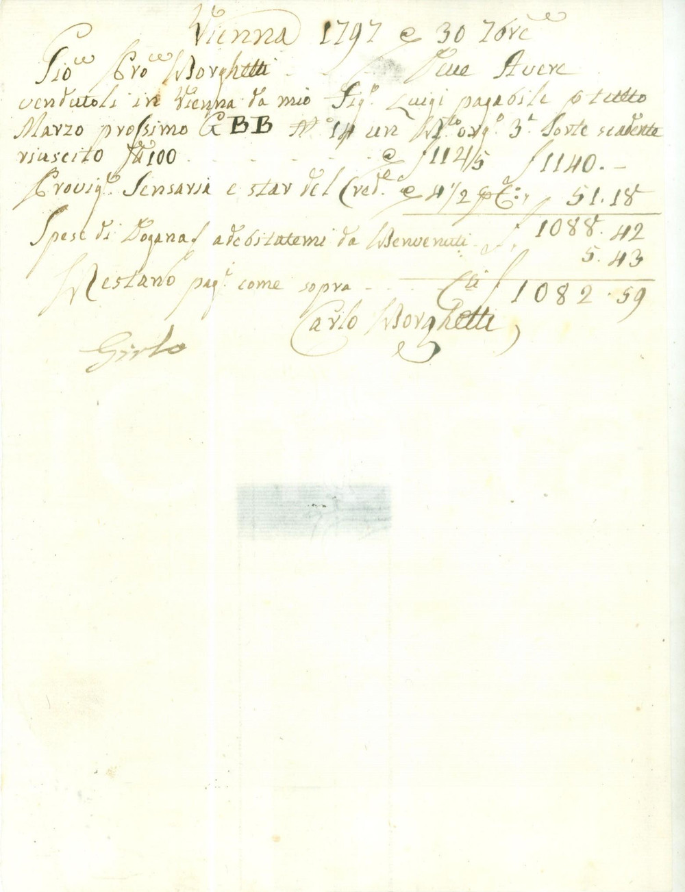 Documento originale, autentico 1797 VIENNA Giovanni Pietro BORGHETTI Fattura per vendite e provvigione 1