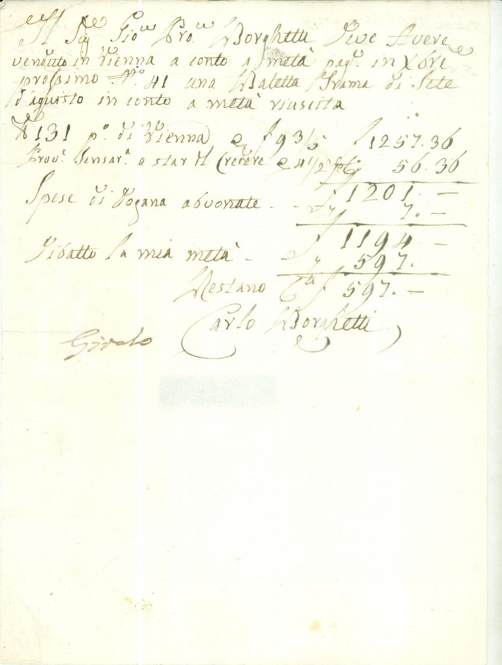 Documento originale, autentico 1797 BRESCIA Giovanni Pietro BORGHETTI vende sete a VIENNA Fattura manoscritta 1
