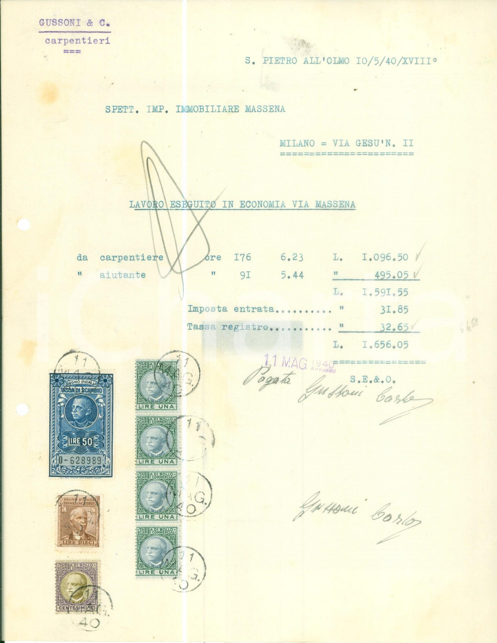 Documento originale, autentico 1940 SAN PIETRO ALL OLMO Carpentieri GUSSONI & C. Lavoro in Via MASSENA ]Fattura 1