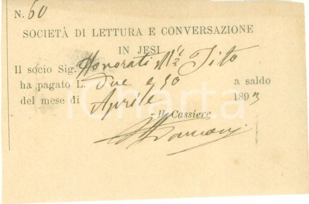 Documento originale, autentico 1893 JESI AN SocietÃ  di Lettura e Conversazione Pagamento quota Ricevuta 1