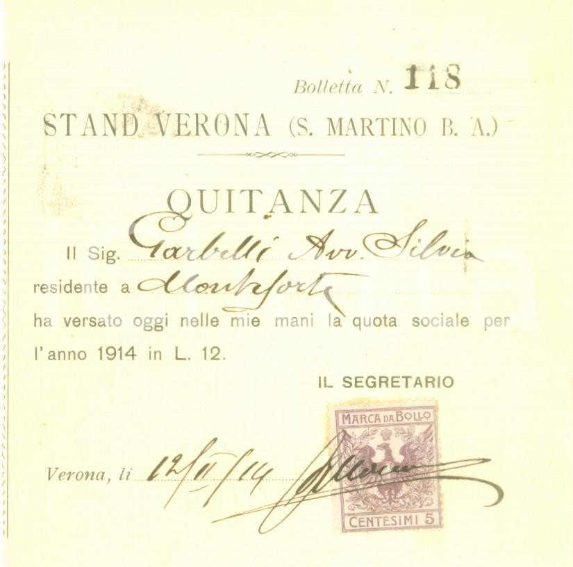 Documento originale, autentico 1914 SAN MARTINO BUON ALBERGO VR Silvia GARBELLI quota per Stand VERONA 1
