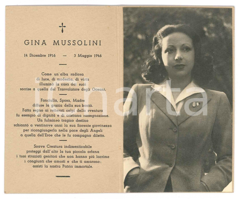 Oggetto da collezione cartaceo 1946 Gina MUSSOLINI  Santino per lutto con vera fotografia 1