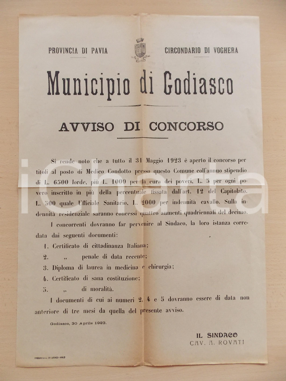 Documento originale, autentico 1923 GODIASCO PV Concorso per posto di medico condotto Manifesto 35 x 50 1