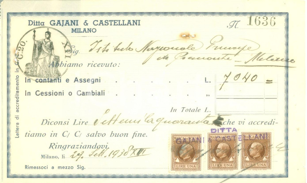 Documento originale, autentico 1938 MILANO Ditta GAJANI & CASTELLANI Ricevuta su carta intestata 1