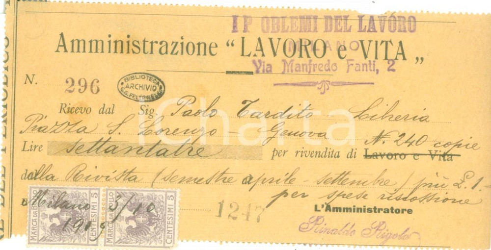 Documento originale, autentico 1909 MILANO Libreria Paolo TARDITO riceve denaro rivista LAVORO E VITA Ricevuta 1