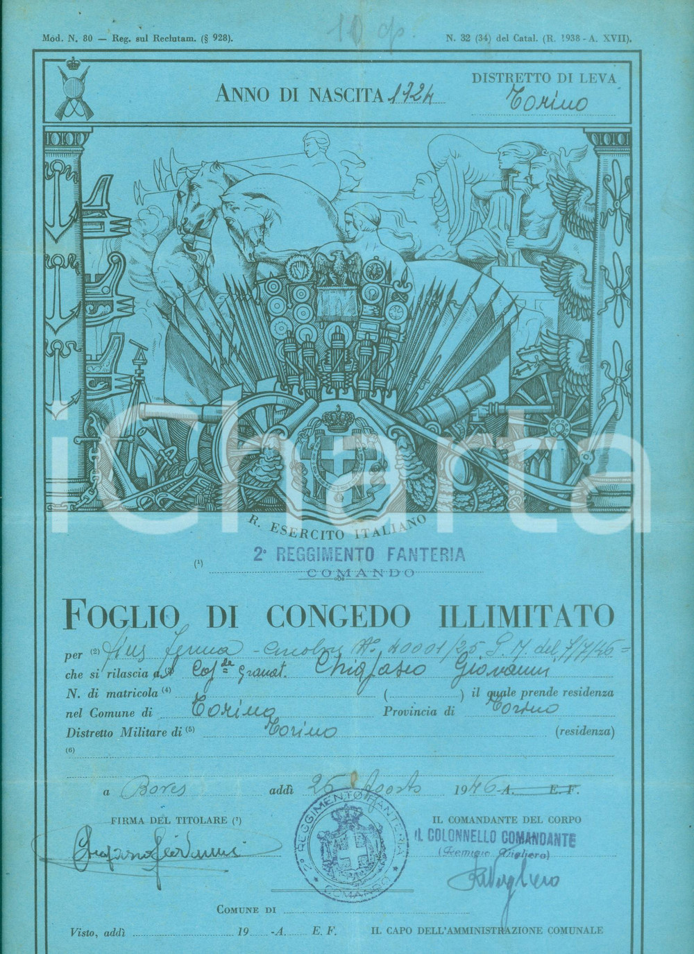 Documento originale, autentico 1943 TORINO Congedo assoluto Granatiere Giovanni CHIAPASSO Documento DANNEGGIATO 1