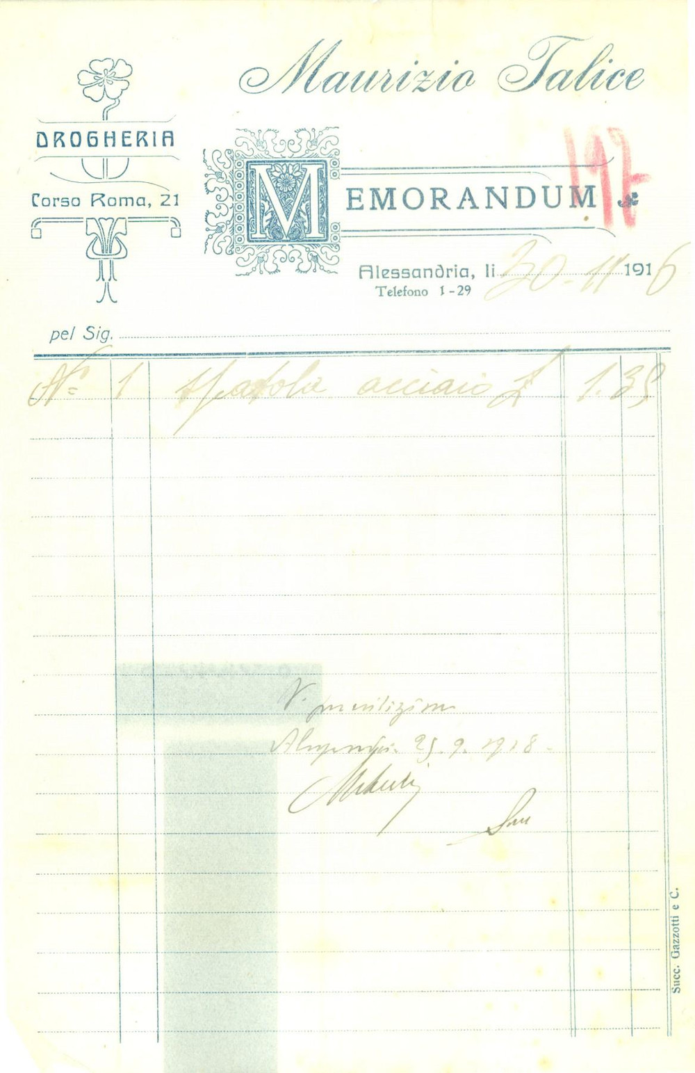 Documento originale, autentico 1916 ALESSANDRIA WW1 Maurizio TALICE Drogheria Fattura su carta intestata 1