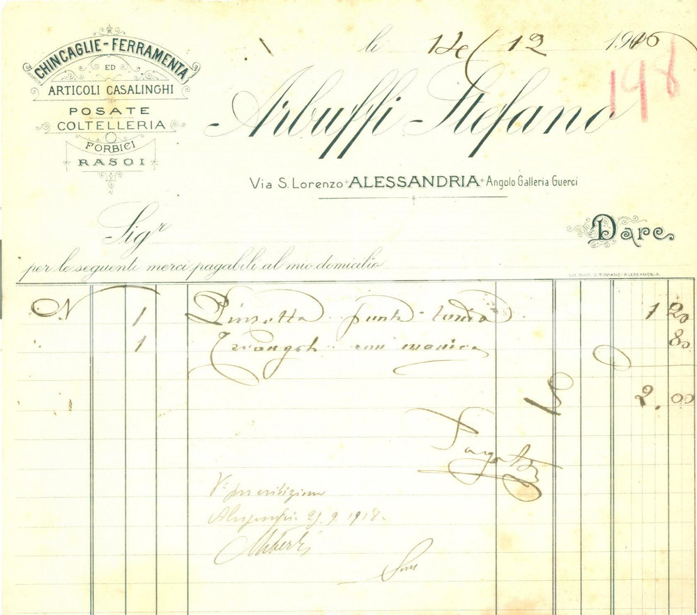 Documento originale, autentico 1916 ALESSANDRIA WW1 Stefano ARBUFFI Chincaglie ferramenta posate Documento 1